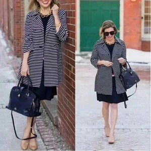 CAbi Womens S Maritime Trench Coat Navy Blue White Striped Stretch Knit Pockets